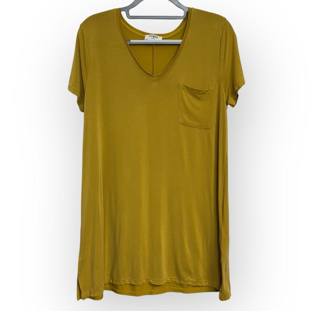 Umgee Mustard Short Sleeve V-Neck Tee Shirt‎ Dress Size M *214